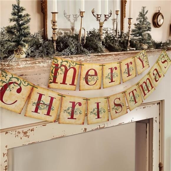Christmas Decorations - Vintage Merry Christmas Banner - Retro Nostalgic - Picture 1 of 7